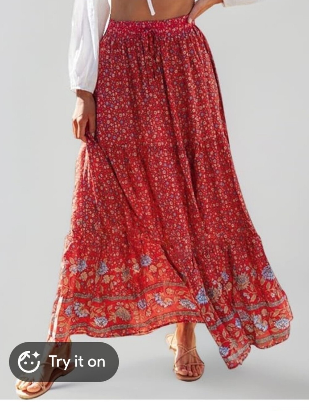 Zescia Floral Boho Maxi Flared Tiered Out Skirt Red & Blue  Size Medum